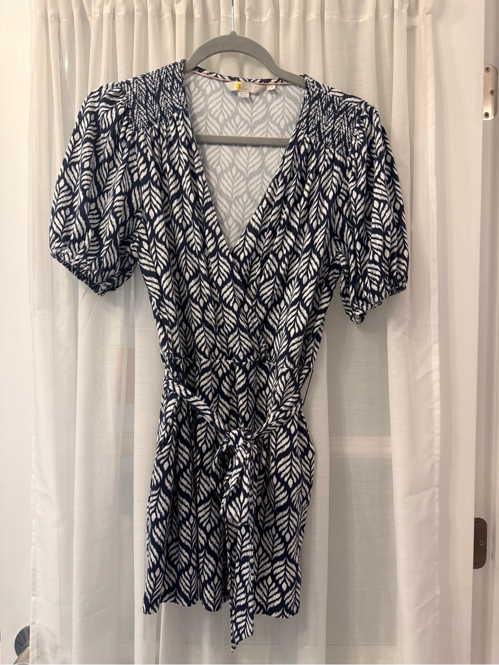 Boden Navy and White Leaf-Print Wrap Romper with Tie Waist